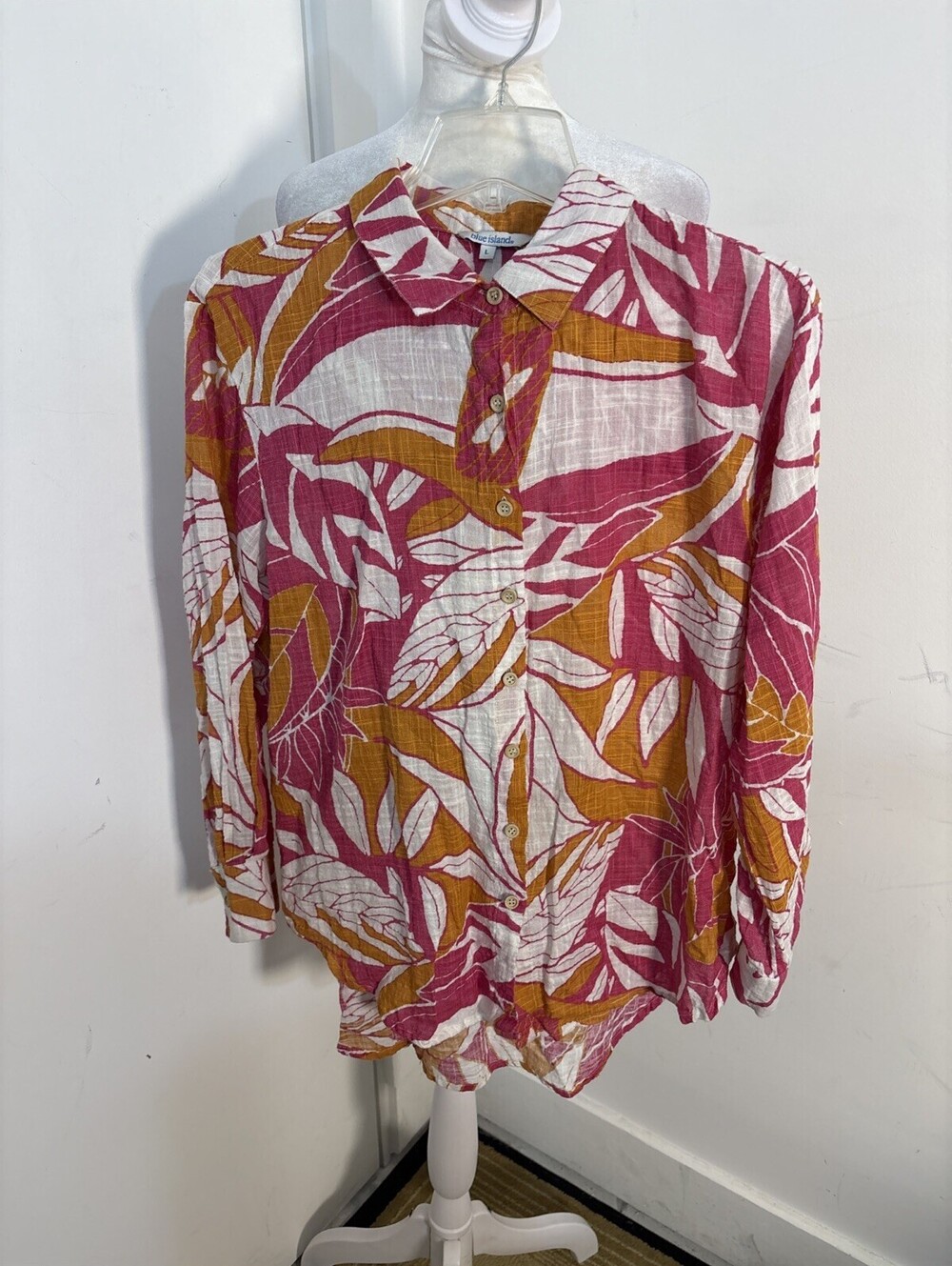Blue Island Tropical Button Up Gauze Blouse Coverup Large Orange Pink Beach